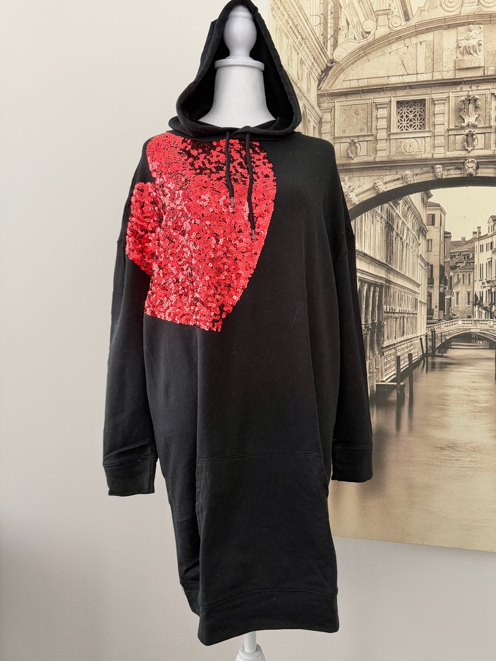 Preloved Black Hoodie Dress with Red Sequin Heart